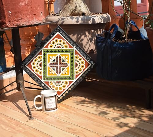 Image of Ethnics of Kutch Traditional Kutch Handicraft Mud-Mirrorwork Lippan Kam Wall Art (Water and Break Resistant) - Square (12 inch x 12 inch) - (Black LKT-0269)