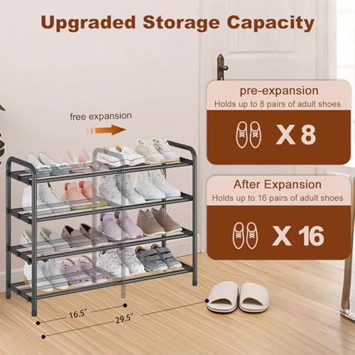 Image of KANAV 4-Tier Expandable Shoe Rack - Adjustable Shoe Organizer & Shoe Storage for Closet, Entryway, and Front Door - Space-Saving Shoe Shelf and Rack Organizer for Home - Black