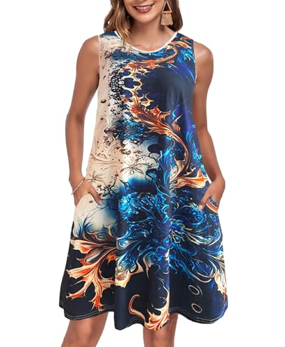 JURDUIR Damen Kleider Sommer Rundhals Knielang Spaghettiträger Knielang Strandkleider V Ausschnitt Kleid Leicht Mit Taschen Sommerkleid Für Frauen（Blue Shore,XL