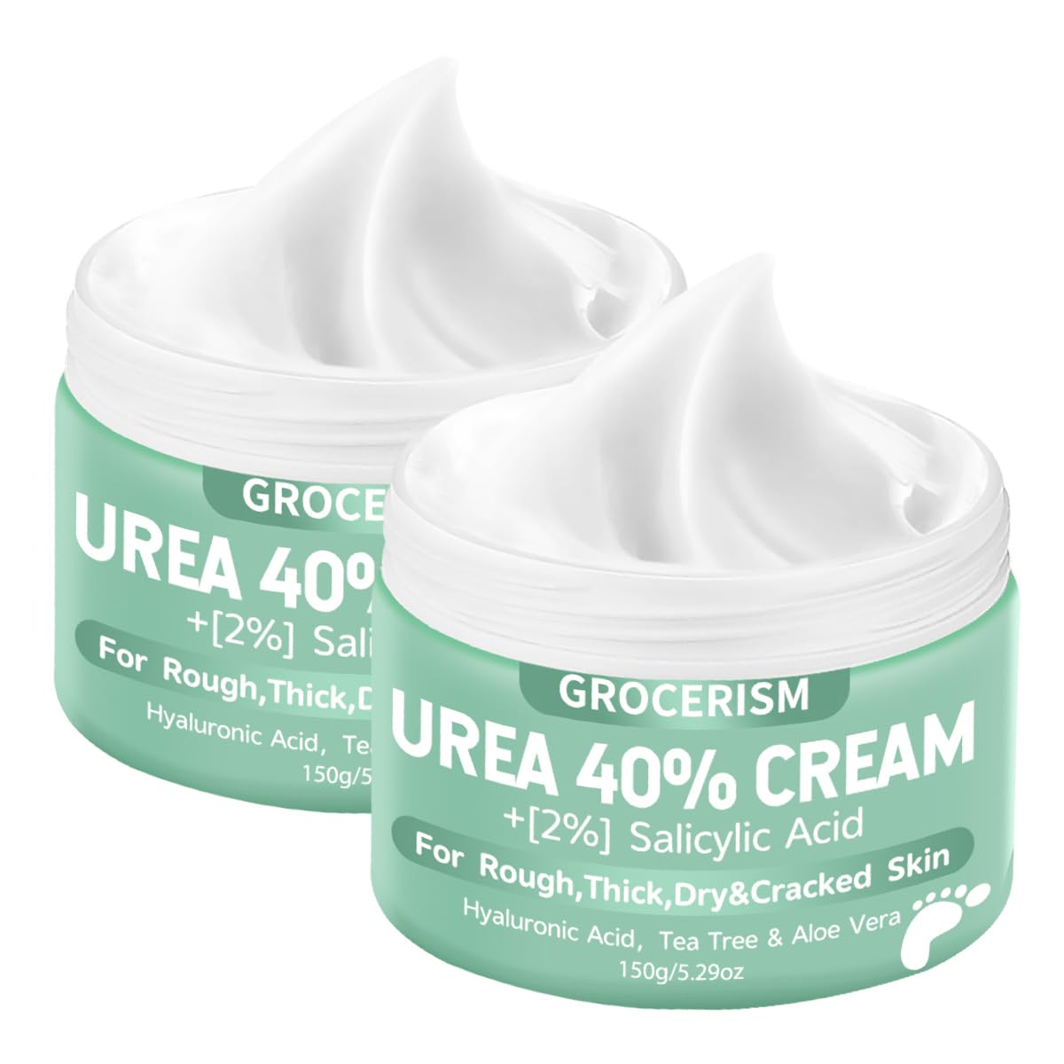Grocerism Urea Foot Cream 40% for Feet Maximum Strength, 5.29 oz, Pack of 2 | with 2% Salicylic Acid, Hyaluronic Acid, Tea Tree & Aloe Vera, Intensive Care for Rough, Callused Heel, Hand, Elbow and Knee