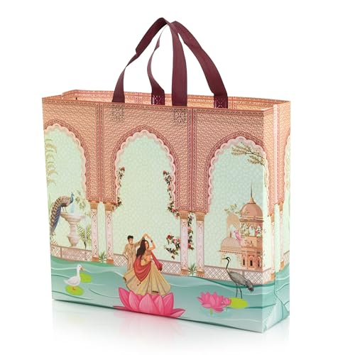 Image of Lavya Large Size Pack of 20 Pcs Reusable Non-Woven Laminated Gift Bags, Wedding Gifts, Shagun, Traditional Gifting, Saree Mithai Chandi Carry Bag (Wedding Special MultiColor, L-16x14x4)