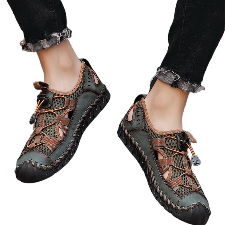 Leather Men Sandals Handmade Green Casual Shoes Platform Outdoor Men's Beach Sandals2