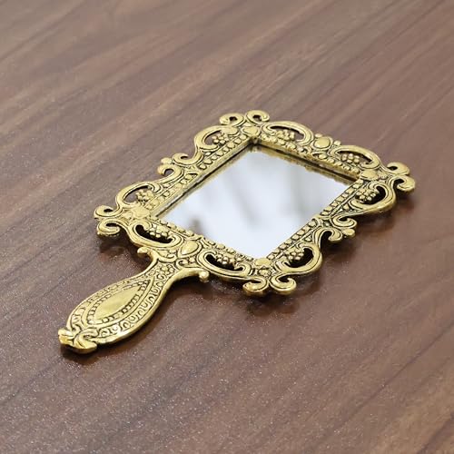 Image of KridayKraft Beautifully Carved Square Shape Gold Plating Metal Hand Mirror for Makeup, Travelling, Salon Mirror & Decorative Antique Item, framed