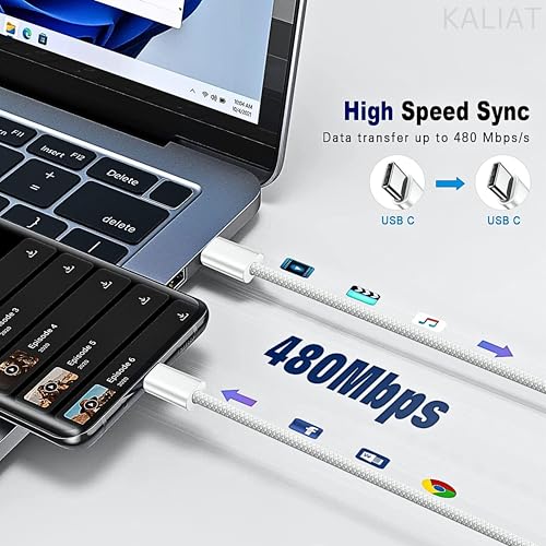 Image of Usb Type C to Type C Cable Fast Charging Nylon Braided C Pin Charger Cable Original for iPhone 15 /15 Pro max /15 Plus, Samsung Galaxy, iPad, MacBook Tough and Durable 60W PD & High-Speed White