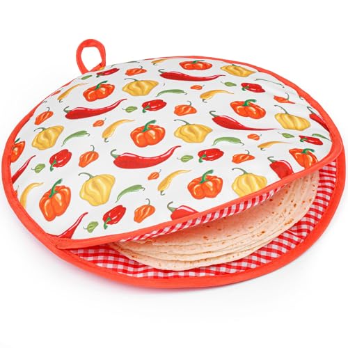 PixiPy Tortilla Warmer Pouch (Peppers, 12 Inch), Microwavable Fabric Tortilla Heater Pouch to Keep...