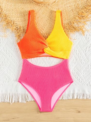 OYOANGLE Girl's One Piece Swimsuits Colorblock Cut Out Twist Front Sleeveless Bathing Suit Beach Swimwear4