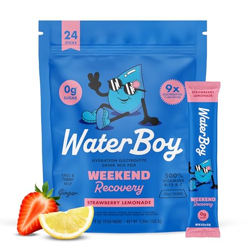 Image of Waterboy Weekend Recovery | 3,200mg Electrolyte Powder Packets | Ginger + L-Theanine + Vitamins | No Sugar, All Natural, Gluten Free | 24 Drink Stick Mixes (Strawberry Lemonade)