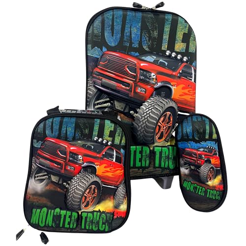 Kit Mochila Escolar Masculina + Lancheira + Estojo 3 Peças em Alto Relevo Truck Monster com Rodinhas