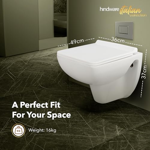 Image of Hindware Italian Collection Enigma Slim Wall Hung Western Commode for Bathroom | Made of Ceramic | P-230 Trap | Star Rated Water Saving | Soft Close | Star White | Geometric Shape | 10-Year Warranty