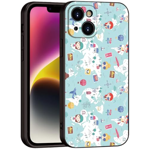 Cute Cartoon World Map Phone Case for iPhone 15 - Soft & Shockproof Travel Style for Girls & Women(B1-Cartoon Cute Girly)