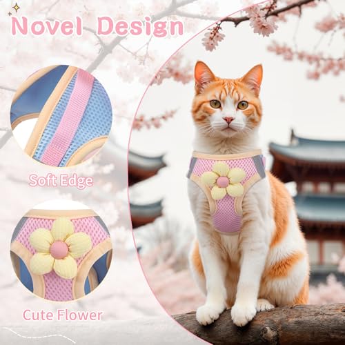 Cat Harness and Leash Set for Walking Escape Proof, Adjustable Kitten Harness Breathable Mesh with Reflective Strips Harness with Flower for Kitty Puppy Bunny - Image 4