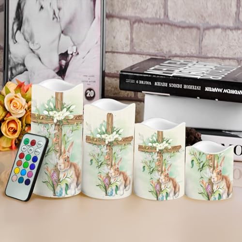 Image of Easter Bunny and Ccoss Plastic Flameless Candles with Remote Control and Timer LED Flickering Battery Electric Pillar Candles for Table Easter Decoration