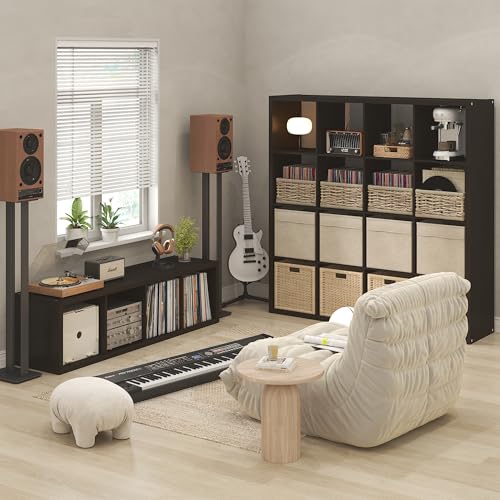 Image of Furinno Cubicle Record Player Stand, 4-Cube Record Storage, Dark Oak | Vinyl Storage, 1.2 inchInch Extra Thick, Open Back Media Shelf for CD DVD Bluray Game Disc, for Living Room, Home Office