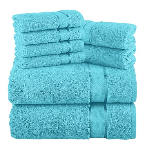 Image of Elegant Comfort Premium Cotton 8-Piece Towel Set, Includes 4 Washcloths, 2 Hand Towels and 2 Bath Towels, 100% Turkish Cotton - Highly Absorbent and Super Soft Towels for Bathroom, Aqua