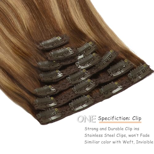 Caliee Balayage Chocolate Brown and Caramel Blonde with Brown Roots 18inch Clip in Hair Extensions Human Hair Silky Straight 120 gram Double Weft Lace Clip in Hair3