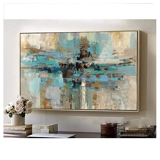 Orlco Art - Pintura abstracta al óleo dorada y verde sobre lienzo grande de color azul y blanco, pintada a mano