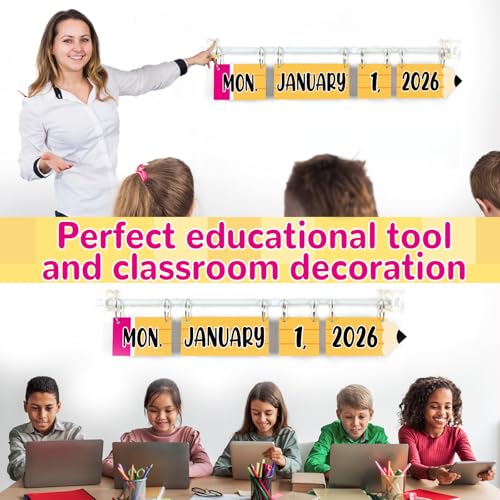 Image of Pencil Flip Calendar Bulletin Board Set Pencil Calendar for Classroom Whiteboard Decor with 2026 to 2030 Years Date Cards and Adjustable Rod for Home Elementary Back to School Teacher Supplies