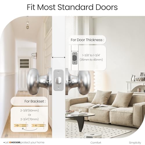 HOSOM Passage Door Knob, Satin Nickel Door Knobs Keyless Doorknobs for Interior Doors, Hallway, Closet and More, No Locking Door Handle, 1 Pack - Image 2