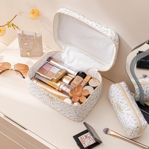 HBselect 4pcs Cotton Quilted Coquette Kawaii Floral Makeup Bag Aesthetic Cute Toiletry Bag Large Travel Cosmetic Coin Purse for Women Girls2