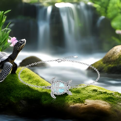 Image of Fenthring Turtle Anklet S925 Sterling Silver Blue Opal Sea Turtle Ankle Bracelets for Women Infinity Wave Ocean Beach Summer Foot Bracelet Jewelry Layered Adjustable