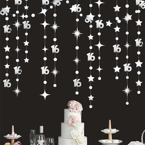 Image of Silver 16th Birthday Decorations Number 16 Circle Dot Twinkle Star Garland Metallic Banner Backdrop for Girls Boys Happy 16th Birthday Sweet Sixteen 16th Anniversary Cheers to 16 Years Party Decor