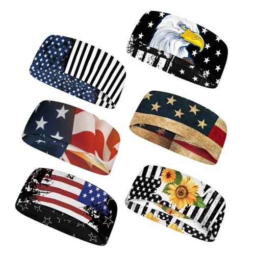 Image of Forchrinse American Flag Print Sport Headbands Set of 6 Patriotic Sweatband Headband for Men&Women Non Slip for Running Athletic Travel