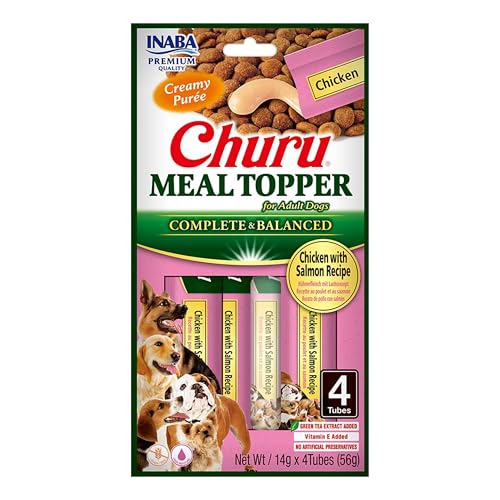 Churu Meal Toppers by INABA Dog Treat - Chicken with Salmon - 12 Pack (48 x 14g) / Soft & Creamy, Delicious & Healthy Purée Food Topper, Natural, Grain Free