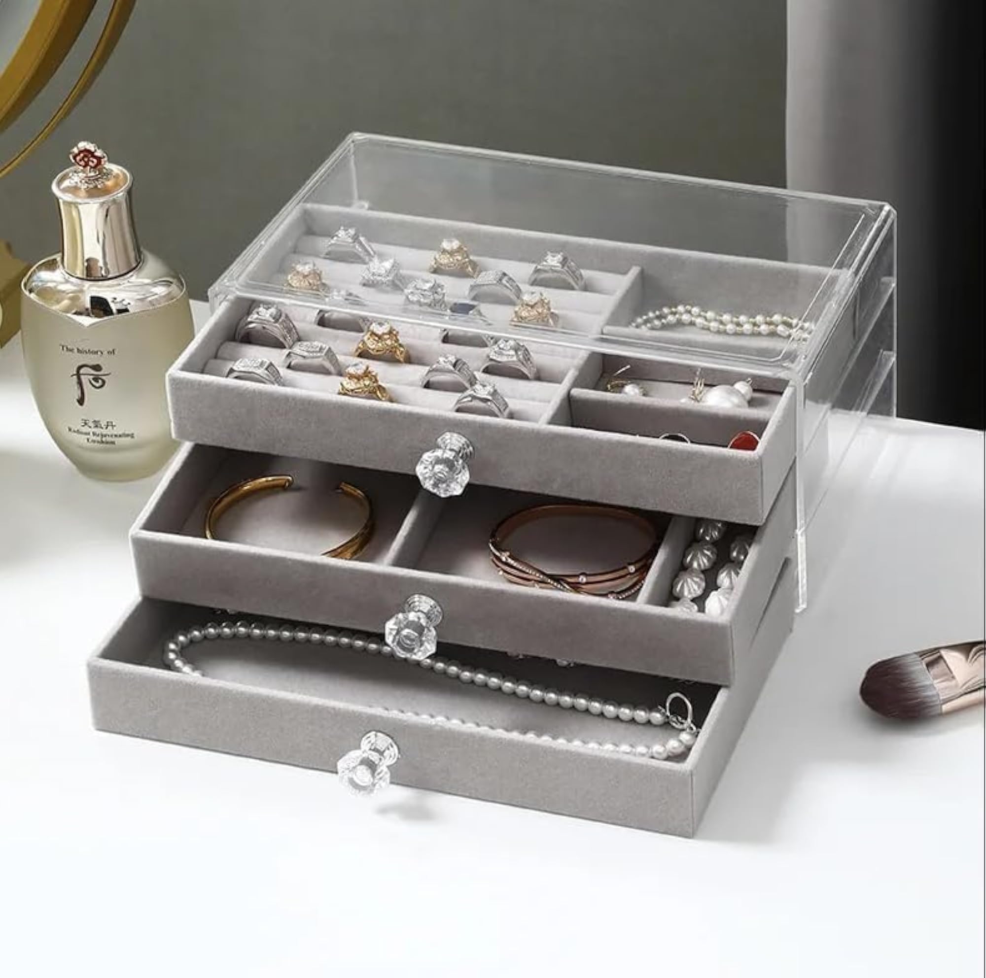 3 Layer Transparent Jewelry Storage Box with 3 Drawers