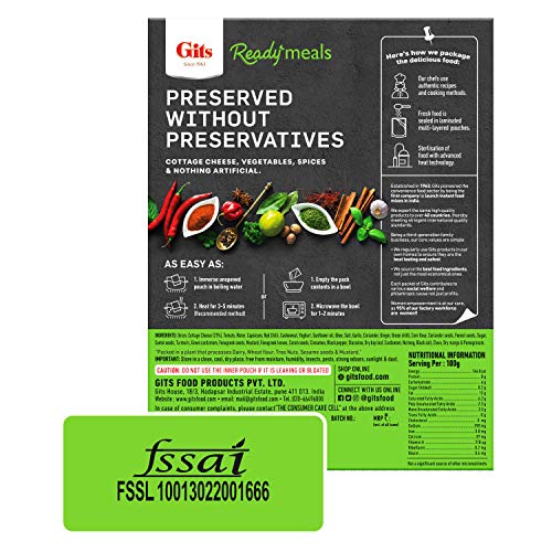 Image of Gits Ready to Eat Paneer Tikka Masala, Pure Veg, Heat and Eat Spicy Curry, Microwaveable, 1140g (Pack of 4 X 285g Each)
