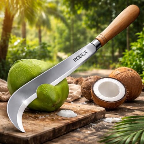 Image of ROBUX Handmade Suspension Billhook Knife | Traditional Agricultural Tool | High Carbon Steel Curved Blade with Wooden Handle | Coconut Cutter & Multipurpose Garden Tool