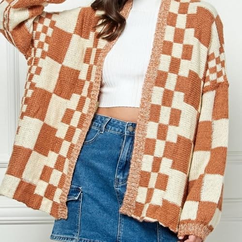 Womens Plaid Sweater Cardigan Checkered Button Down Contrast Long Sleeve Coats Cable Knit Oversized Sweaters Tops3