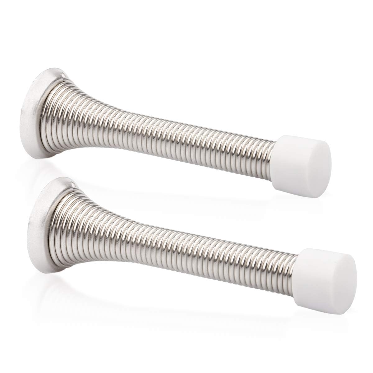 2 Pack Spring Door Stopper Brushed Satin Nickel- 3-1/4" Flexible Spring Door Stops with White Rubber Bumper Tips-image-0