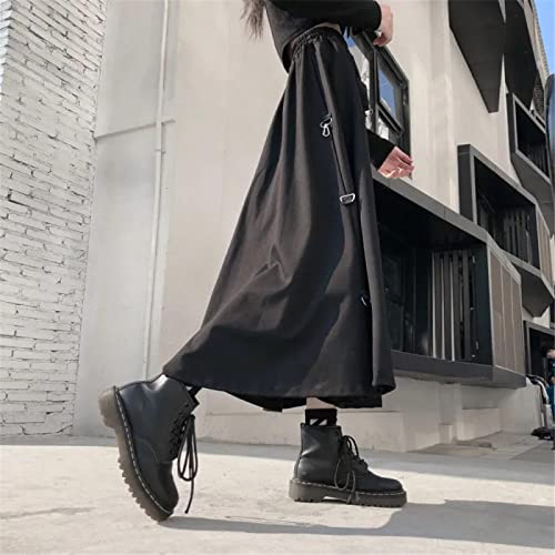 Rock Damen Langer Skirt Falten Taille Linie Loose Hip-Hop Punk Elastic High Taist Cargo Rock Frauen Korean Casual Gothic Long Dark Rock Streetwear Black S Black Cover