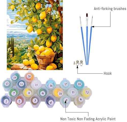 Image of Clendo Lemon Paint by Numbers Kits for Adults, DIY Lemon Tree Adult Paint by Number Kits on Canvas, Digital Oil Number Painting for Home Decor (16x20 Inch)
