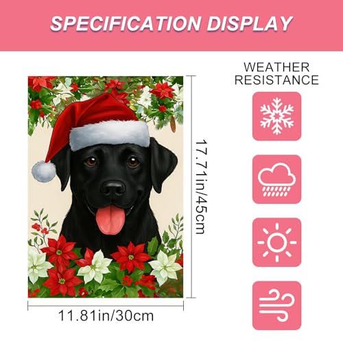 Image of BlissYard Christmas Garden Flag 12x18 Inch Black Labrador Dog Outdoor Flag Double Sided Holiday Yard Banner with Santa Hat Poinsettias and Holly Leaves for Porch Lawn Patio