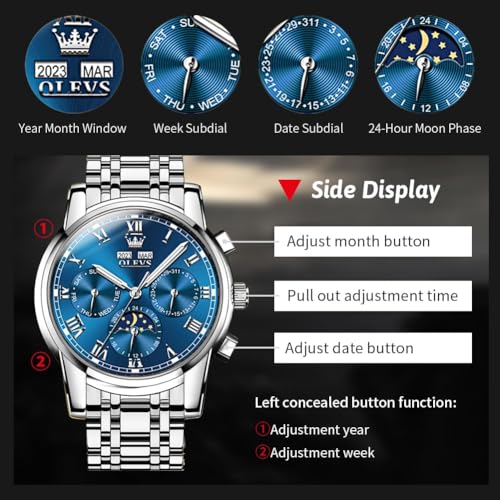 Image of OLEVS Mens Automatic Watch Mechanical Self Winding Luxury Business Dress Moon Phase Stainless Steel Calendar Wrist Watches for Men Waterproof Luminous