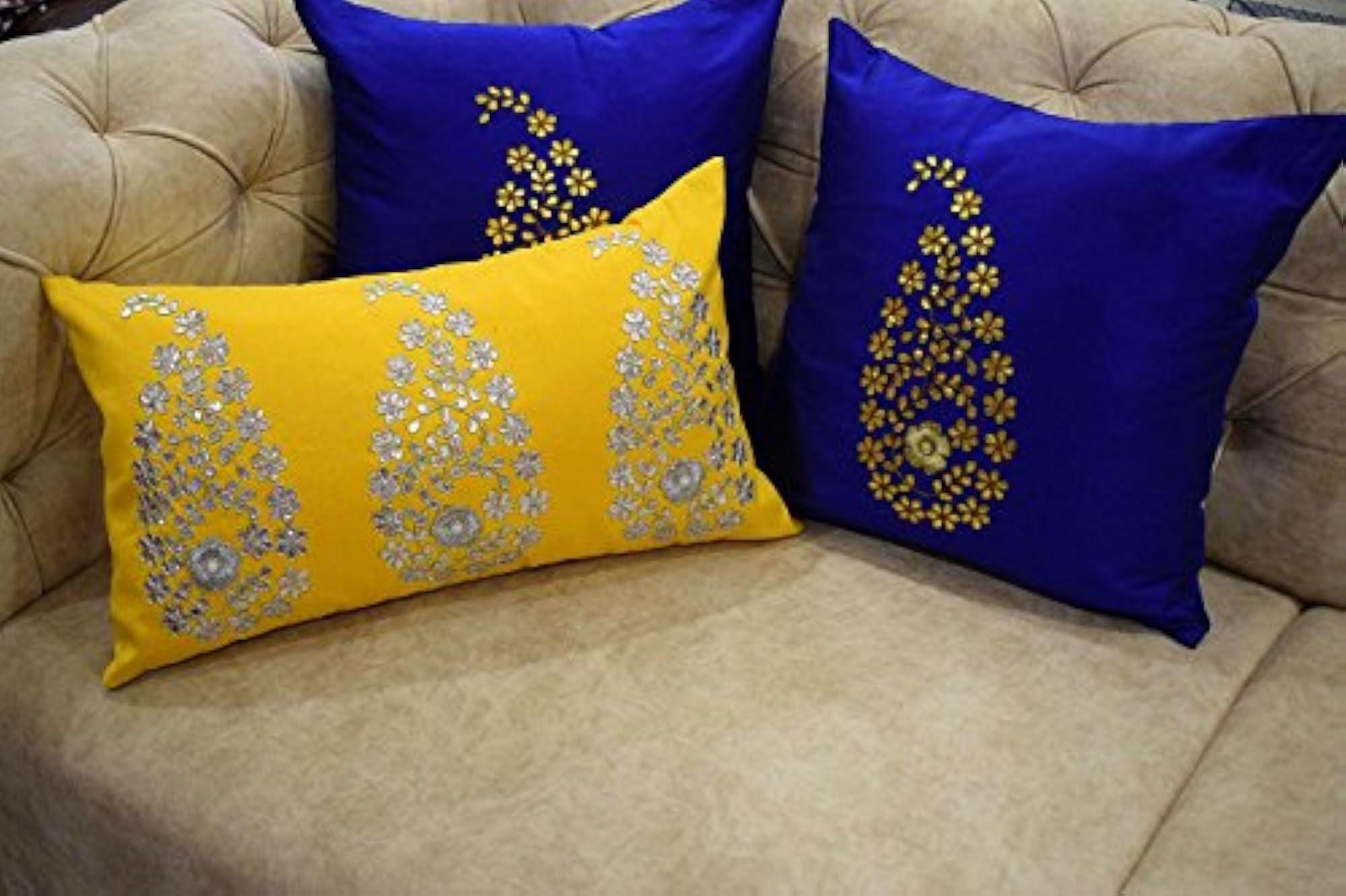 3 Paisley Silver Leaf Hand Embroidered Cushion Covers, Decorative