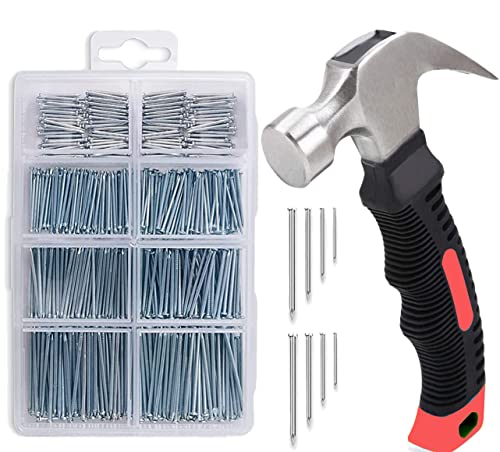 MEAOR Assortiment de 620 clous et marteau polyvalent de 226,8 g, petit marteau à panne avec clous assortis - 310 clous muraux pour accrocher des photos et 310 clous de finition Cover