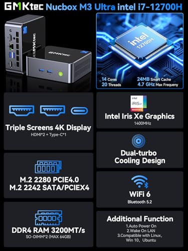 Image of GMKtec Mini PC Intel i7 12700H Processor (14C /20T 4.7 GHz) 16GB DDR4 1TB SSD, i226v NIC Mini Desktop Computers Iris XE Graphics, Triple 4K Display, WiFi 6, BT5.2, USB-C M3 Ultra
