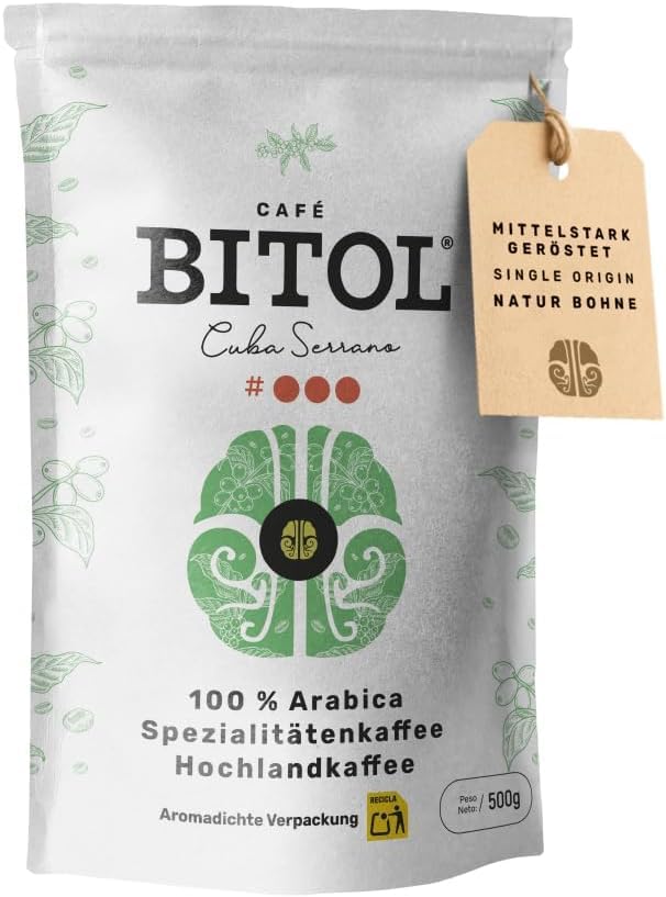 Café Especialidad en Grano Cuba Serrano 100% Arábica BITOL #3 - De Altura Sabor Chocolate Jazmín Vainilla Tueste Natural Cuerpo Sedoso Baja Acidez Ideal Para Espresso Cafetera Italiana (500 g)