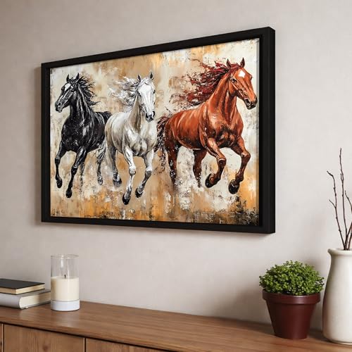 Image of 3 Running Horses Vastu Framed Wall Art Painting For Living Room|Three Horse Painting With Frame for Home & Office Decor, 17x23 Inch
