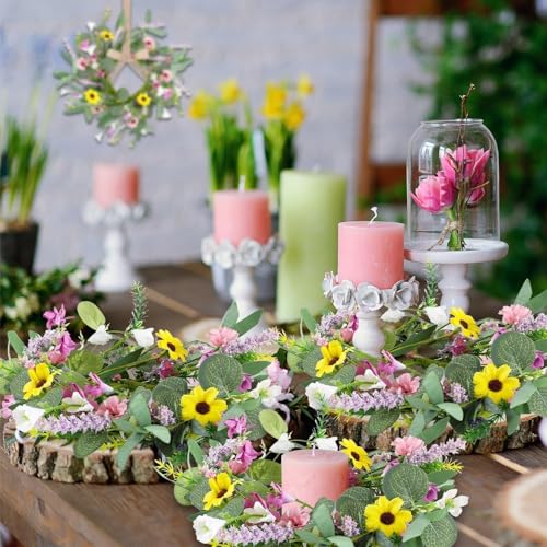 Image of 8 Pcs Spring Summer Artificial Flowered Wreath Mini Floral Wedding Candle Rings Wreaths 3inch Kitchen Cabinet Swags Wreath Pillar Candle Holder for Wedding Spring Summer Home Door Tabletop Decoration