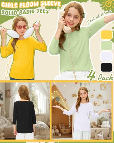 Image of 4 Pack Girls 3 /4 Sleeve T Shirts Kids Crewneck Elbow Sleeve Casual Tops Solid Basic Cute Teen Tees 5-14Y
