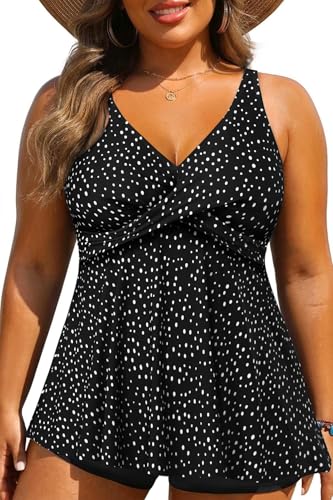 Plus Size Tankini Top Only - Flowy Bathing Suits Top Plus Size Swim Top 2025 Modest Swimsuits Top Black Dot 18W