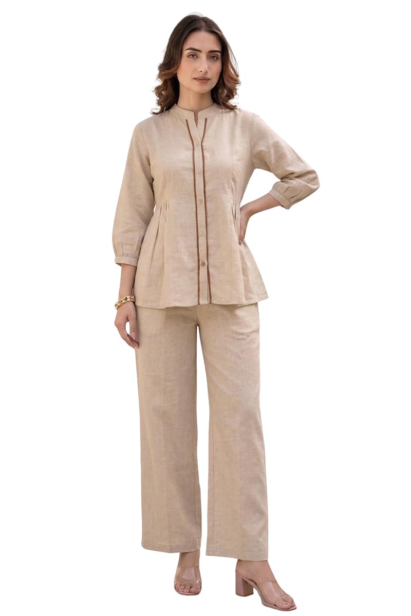 Pepe Jeans Co Ord Set for Women Stylish | Linen Kurta Set for Women | Mandarin Neck & Button Kurti Tops with Straight Fit Pants | Casual, Office & Travel Wear Two-Piece Outfit (2062) in neutral