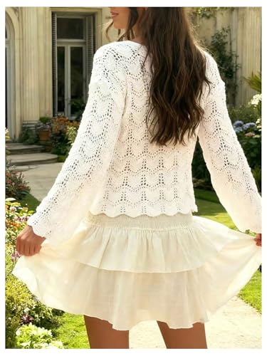 Image of SHENHE Women's Tie Front Cardigan Trumpet Sleeve Pointelle Knit Crop Tops