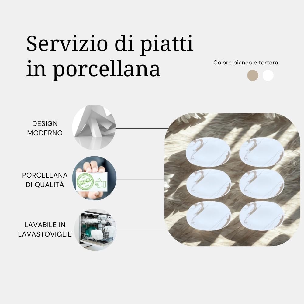 Set Piatti Porcellana 18 Pezzi per 6 Persone – Servizio da Tavola Moderno Bianco e Tortora – Lavabili in Lavastoviglie – Piatti Piani, Fondi e Dessert – Modello Ink Painting