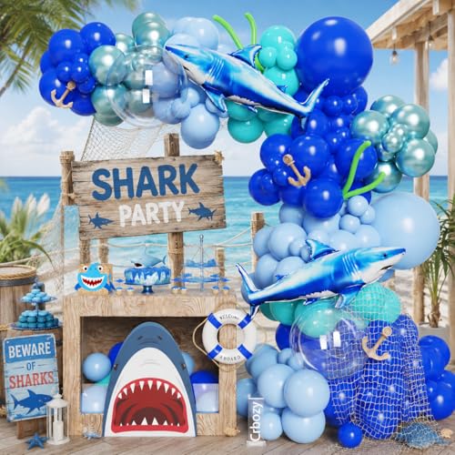130Pcs Shark Balloon Arch Garland Kit- Ocean Themed Party Decorations with Pastel Blue Teal Blue Metallic Green and Transparent Latex Balloons for Kids Ocean Birthday Baby Shower Party Decorations