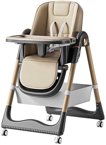 Baby High Chair, Foldable with Removable Tray, Adjustable Recline, Wheels, Beige PU Leather Seat