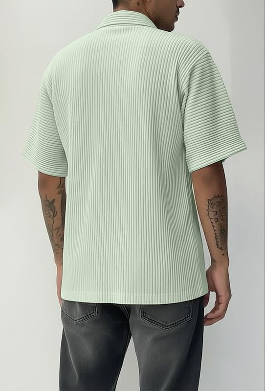 Image of MiraMichi Men's Regular Fit Long Shirt - Corduroy Fabric, Striped Pattern, Half Sleeves, Ideal for Casual